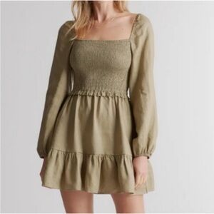 Quince Light Olive Green Smocked Long Sleeve Mini Dress 100% European Linen XL